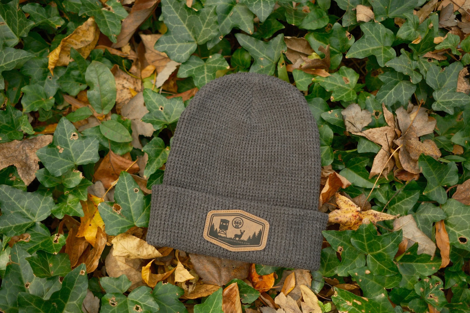 Charcoal Grey Waffle Knitted Leather Patch Beanie
