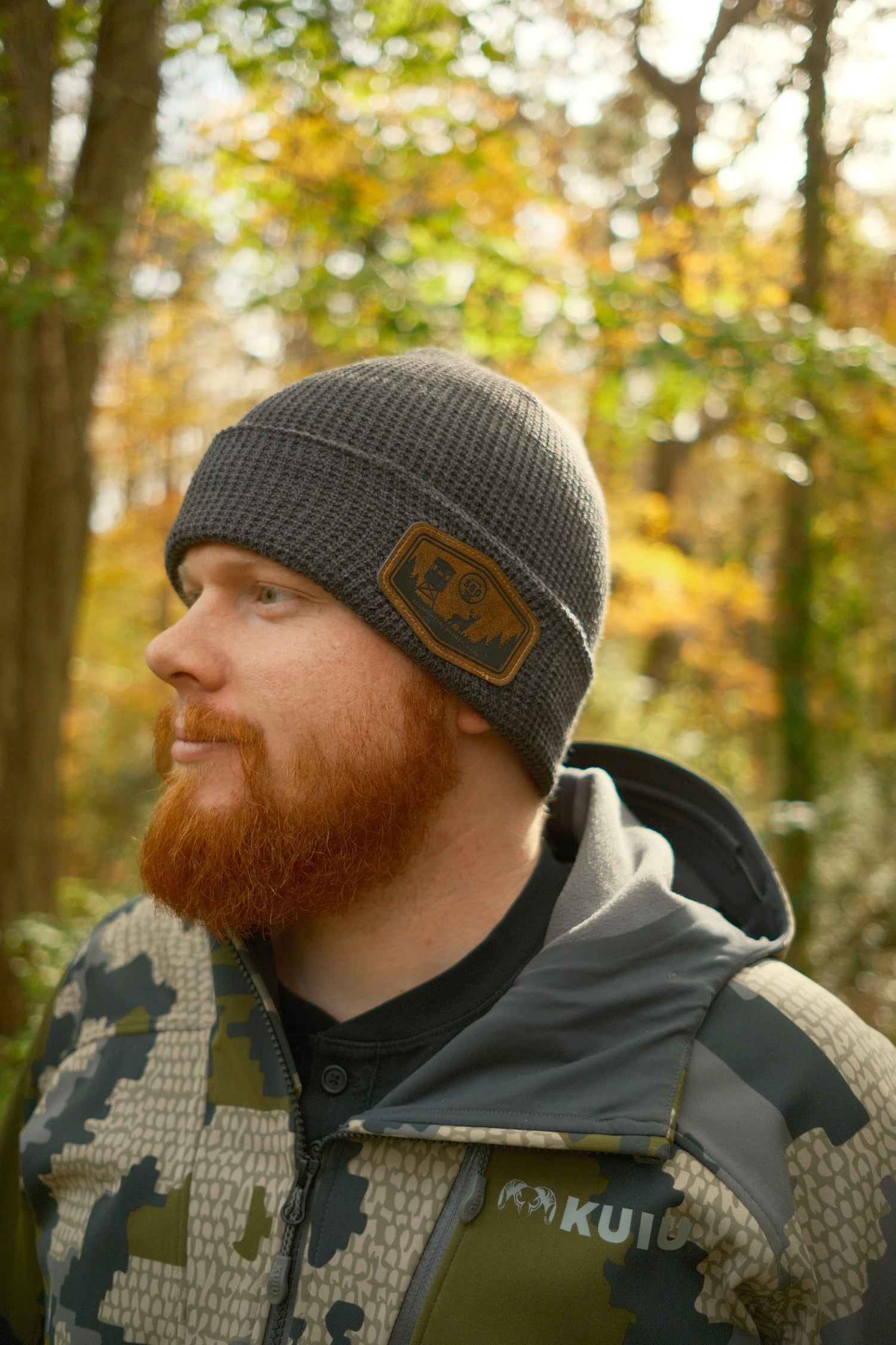 Charcoal Grey Waffle Knitted Leather Patch Beanie - image 2