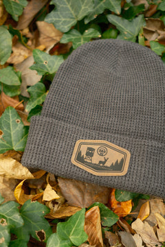 Charcoal Grey Waffle Knitted Leather Patch Beanie - image 4