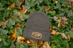 Charcoal Grey Waffle Knitted Leather Patch Beanie